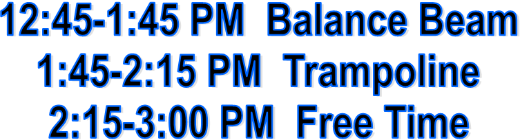 12:45-1:45 PM  Balance Beam
1:45-2:15 PM  Trampoline
2:15-3:00 PM  Free Time